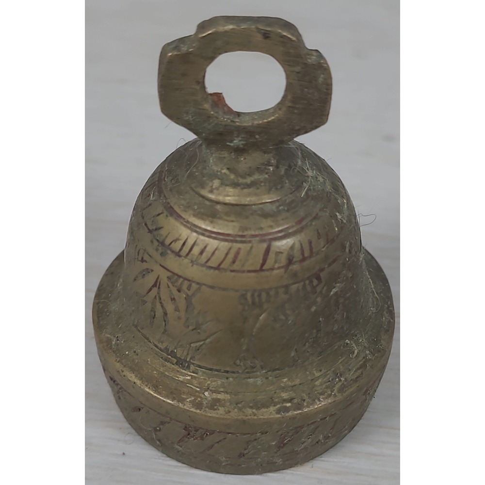Vintage Etched Brass Bell Small Handcrafted Gold Red Accents 2 Inch Decor